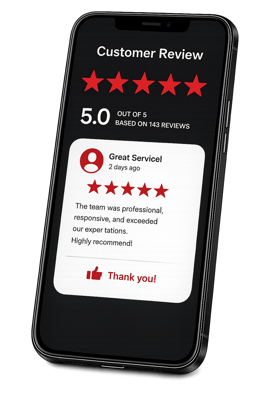 Smartphone showing a 5.0-star Google rating based on 34 reviews, with review volume trending upward